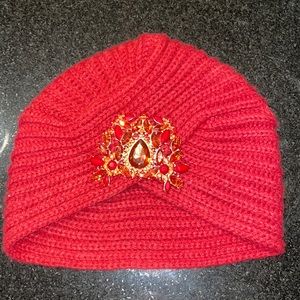 Red Knit Turban Beanie with Gem Embellishment